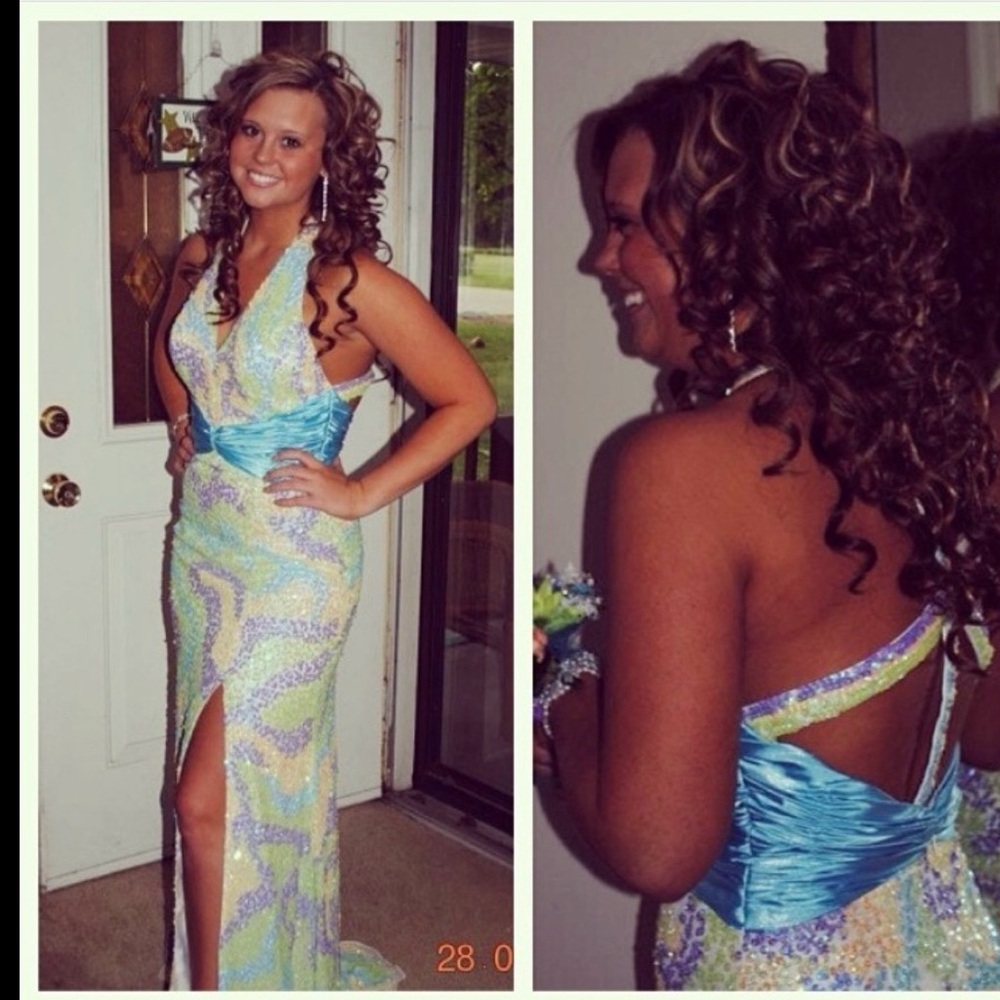 Studio Pastel Sequin Halter Prom Dress with Blue Satin Waist